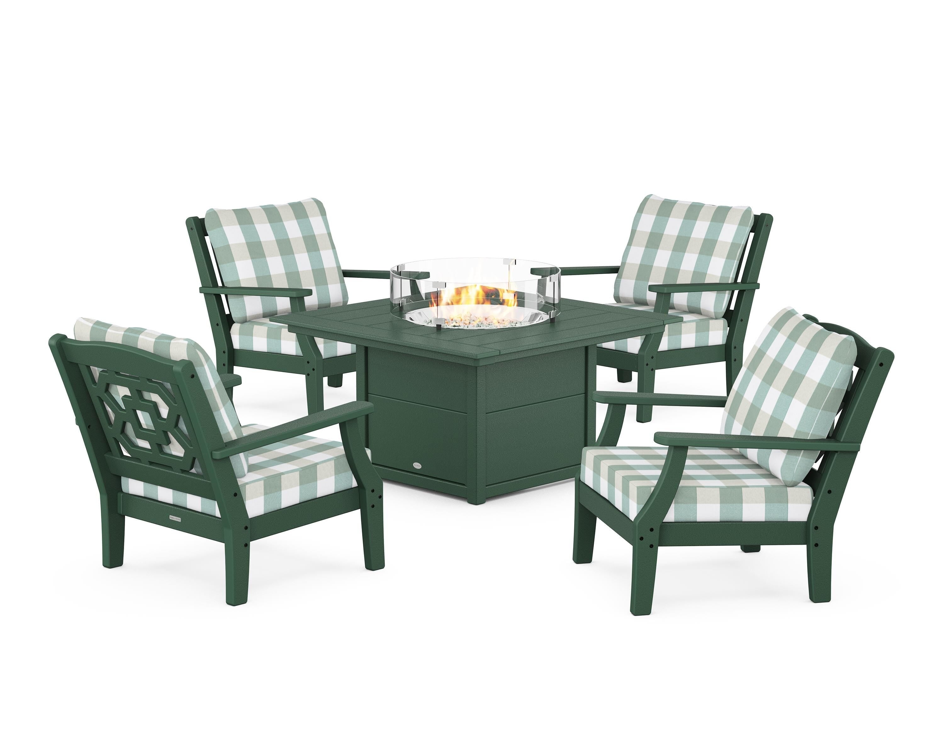 Martha Stewart by POLYWOOD® Chinoiserie 5-Piece Deep Seating Set with Fire Pit Table in Green / Buffalo Plaid Glacier Spa