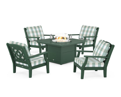 Martha Stewart by POLYWOOD® Chinoiserie 5-Piece Deep Seating Set with Fire Pit Table in Green / Buffalo Plaid Glacier Spa