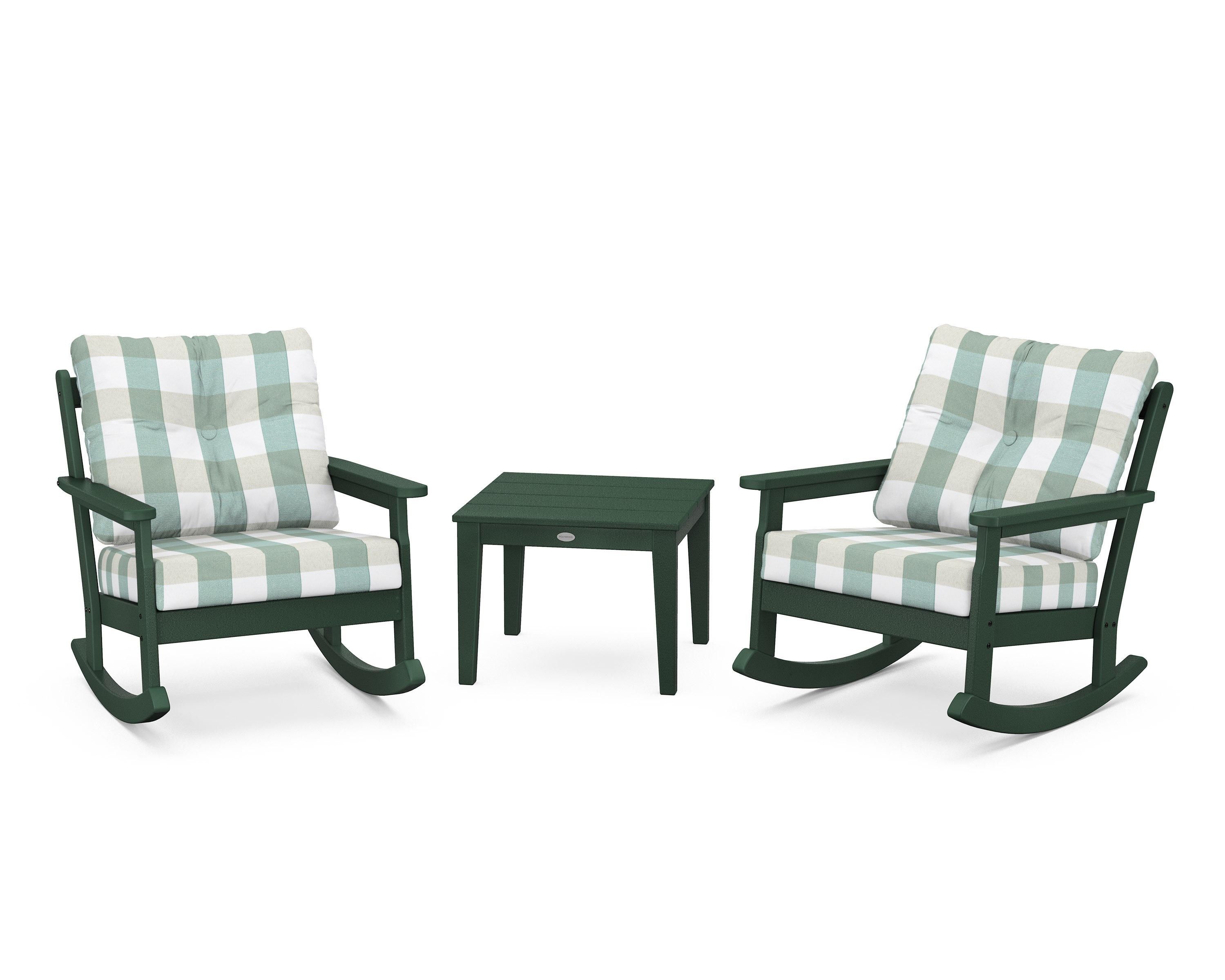 POLYWOOD® Vineyard 3-Piece Deep Seating Rocker Set in Green / Buffalo Plaid Glacier Spa