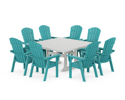 POLYWOOD® Nautical Curveback Adirondack 9-Piece Square Dining Set with Trestle Legs in Aruba / White