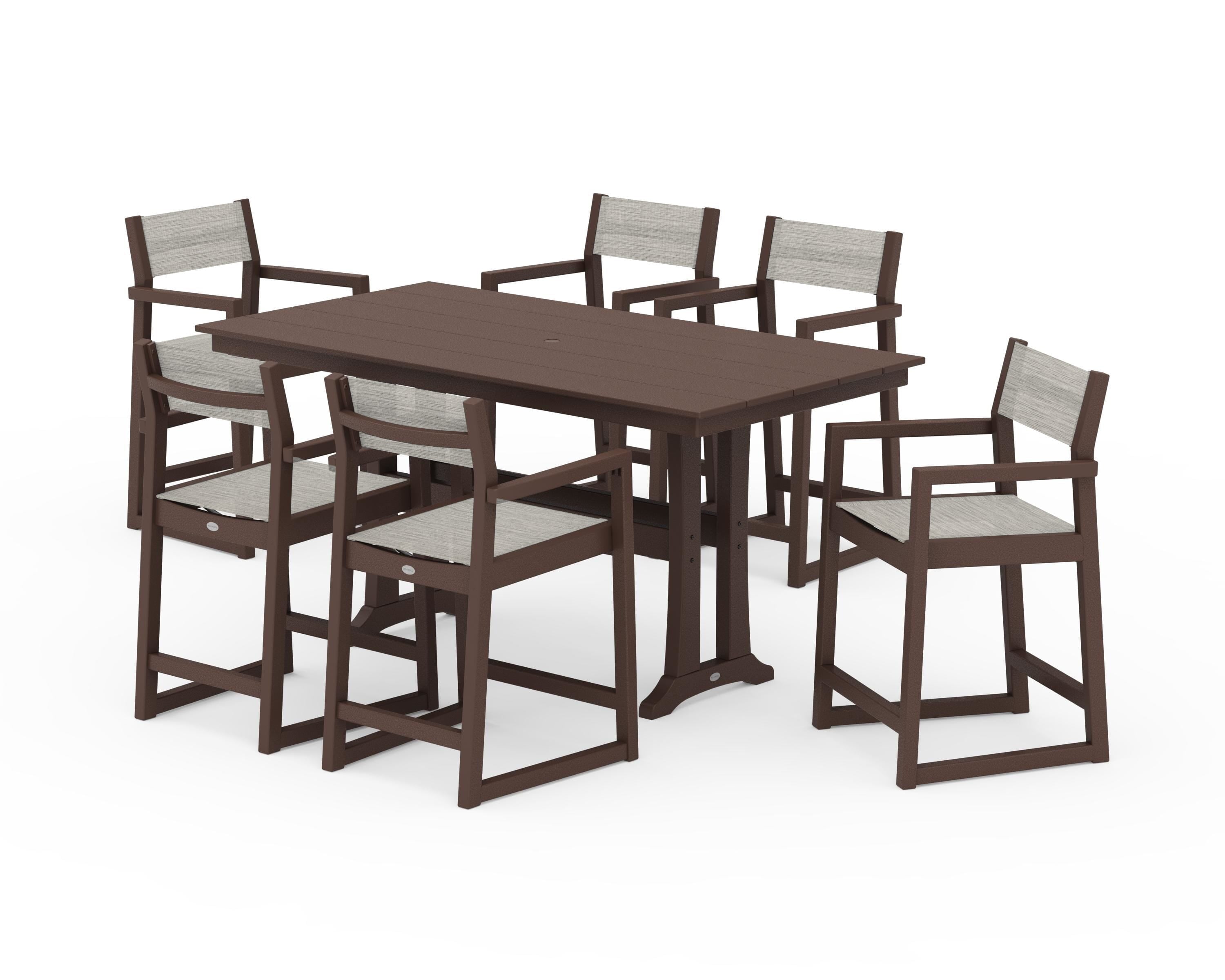 POLYWOOD® EDGE Sling Arm Chair 7-Piece Farmhouse Counter Set with Trestle Legs in Mahogany / Birch Sling