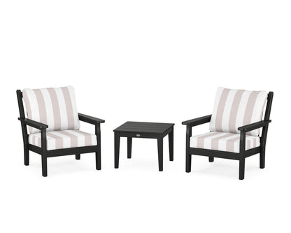POLYWOOD® Chippendale 3-Piece Deep Seating Set in Black / Cabana Stripe Dune Burlap