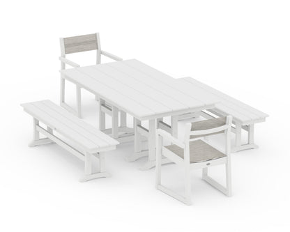 POLYWOOD® EDGE Sling Arm Chair 5-Piece Farmhouse Dining Set with Benches in White / Birch Sling