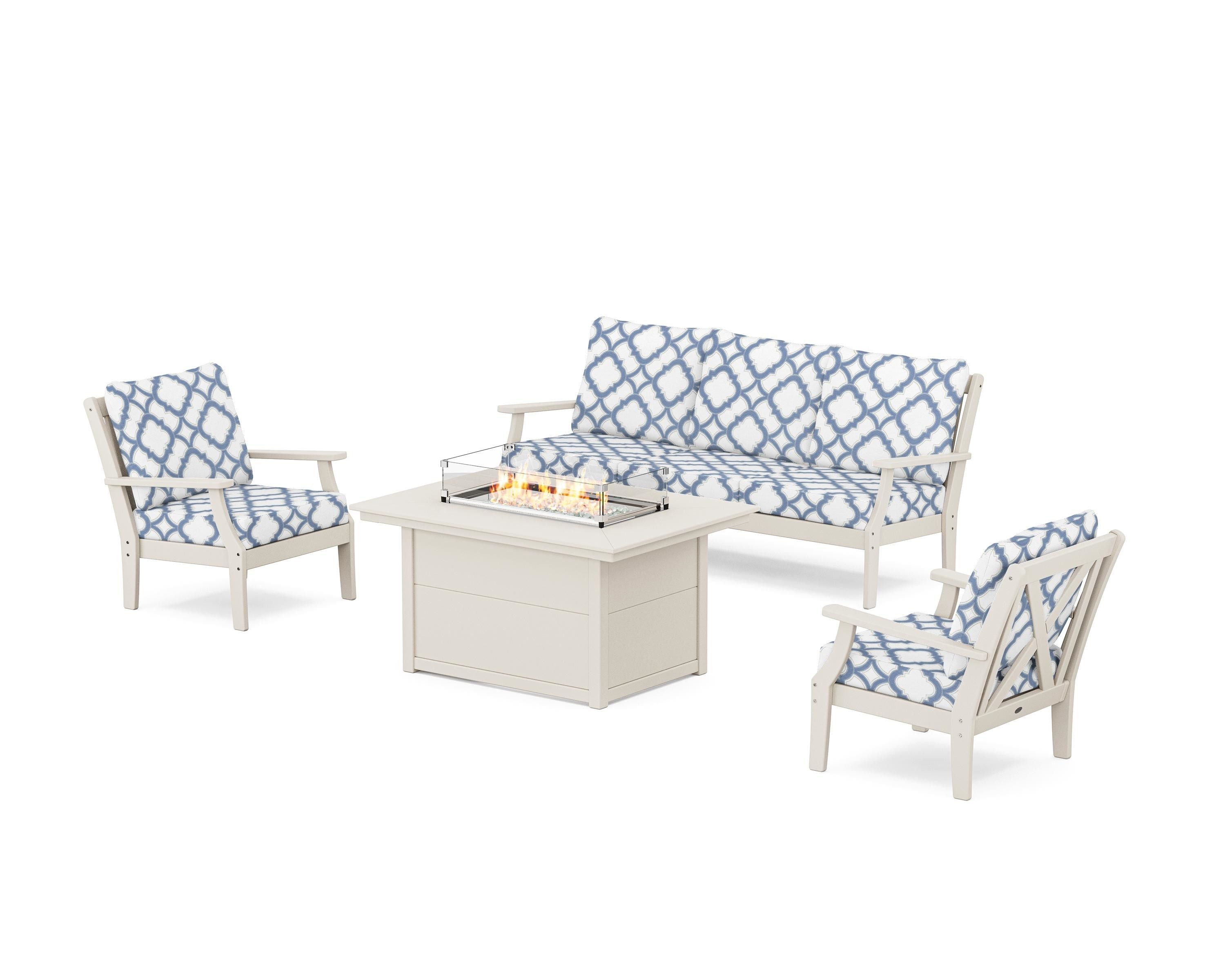 POLYWOOD® Braxton Deep Seating Fire Pit Table Set in Sand / Trellis Sky Blue