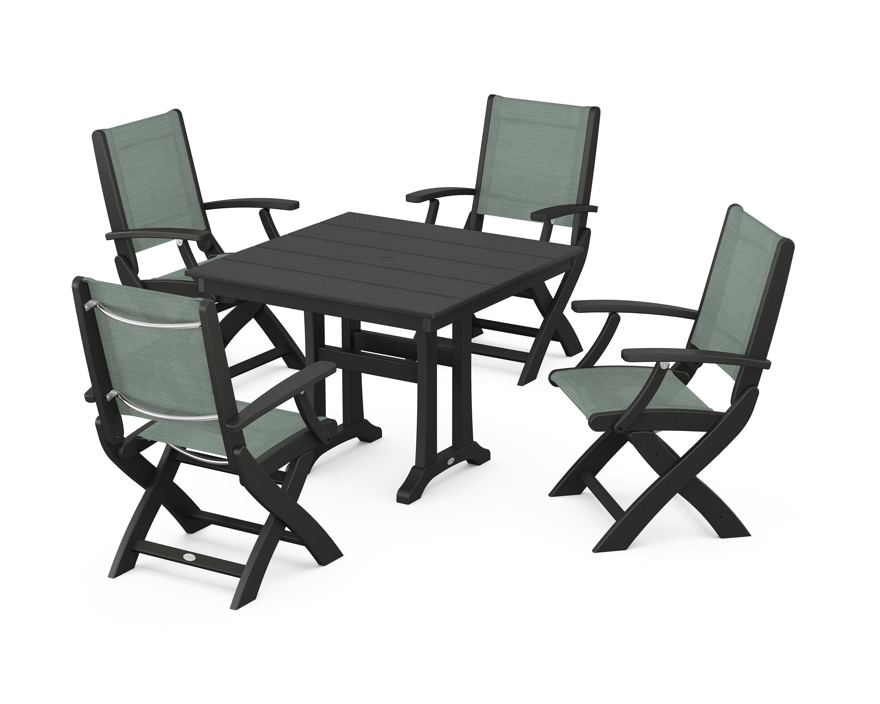 POLYWOOD® Coastal Folding Chair 5-Piece Farmhouse Dining Set With Trestle Legs in Black / Dupioni Sea Mist Sling