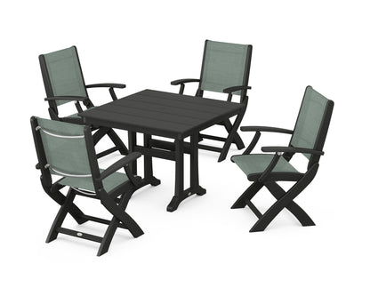 POLYWOOD® Coastal Folding Chair 5-Piece Farmhouse Dining Set With Trestle Legs in Black / Dupioni Sea Mist Sling