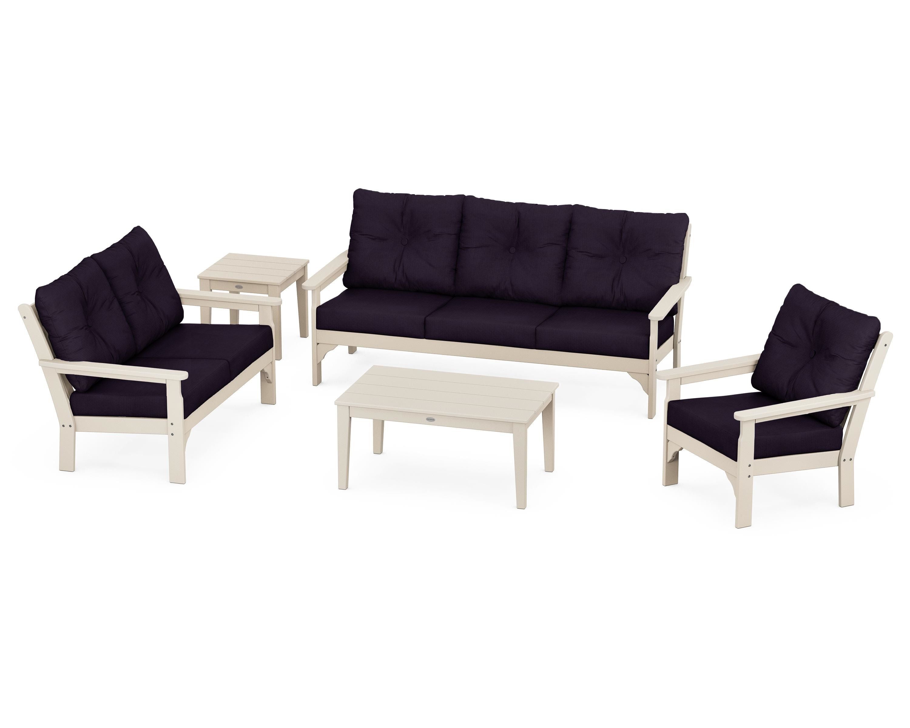 POLYWOOD® Vineyard 5 Piece Deep Seating Set in Sand / Navy Linen