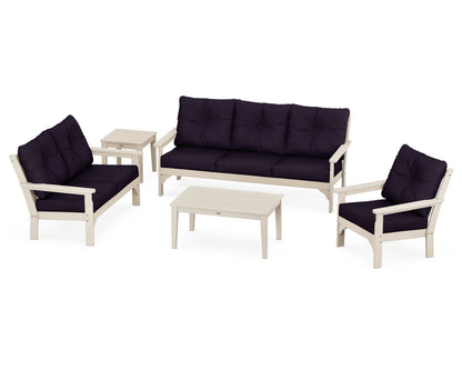 POLYWOOD® Vineyard 5 Piece Deep Seating Set in Sand / Navy Linen