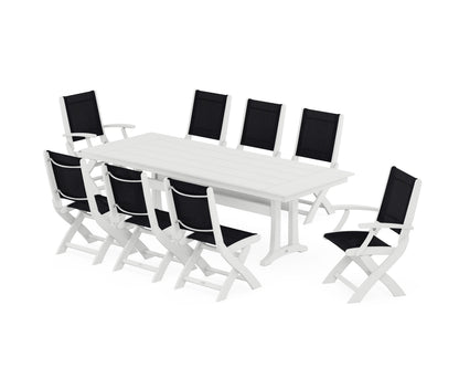 POLYWOOD® Coastal 9-Piece Folding Dining Chair Farmhouse Dining Set with Trestle Legs in White / Black Sling