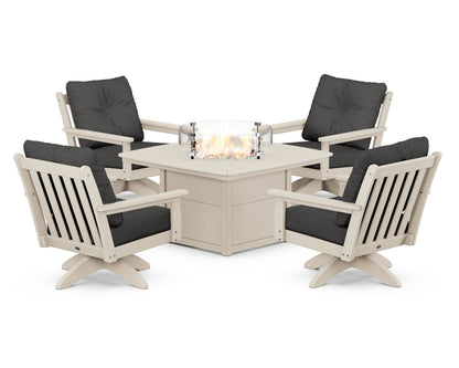 POLYWOOD® Vineyard 5-Piece Deep Seating Swivel Conversation Set with Fire Pit Table in Sand / Spectrum Carbon