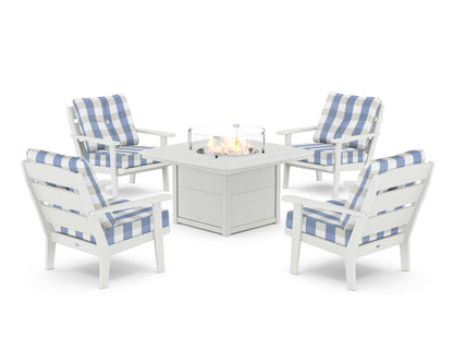 POLYWOOD® Lakeside 5-Piece Deep Seating Set with Nautical Fire Pit Table in White / Buffalo Plaid Sky Blue