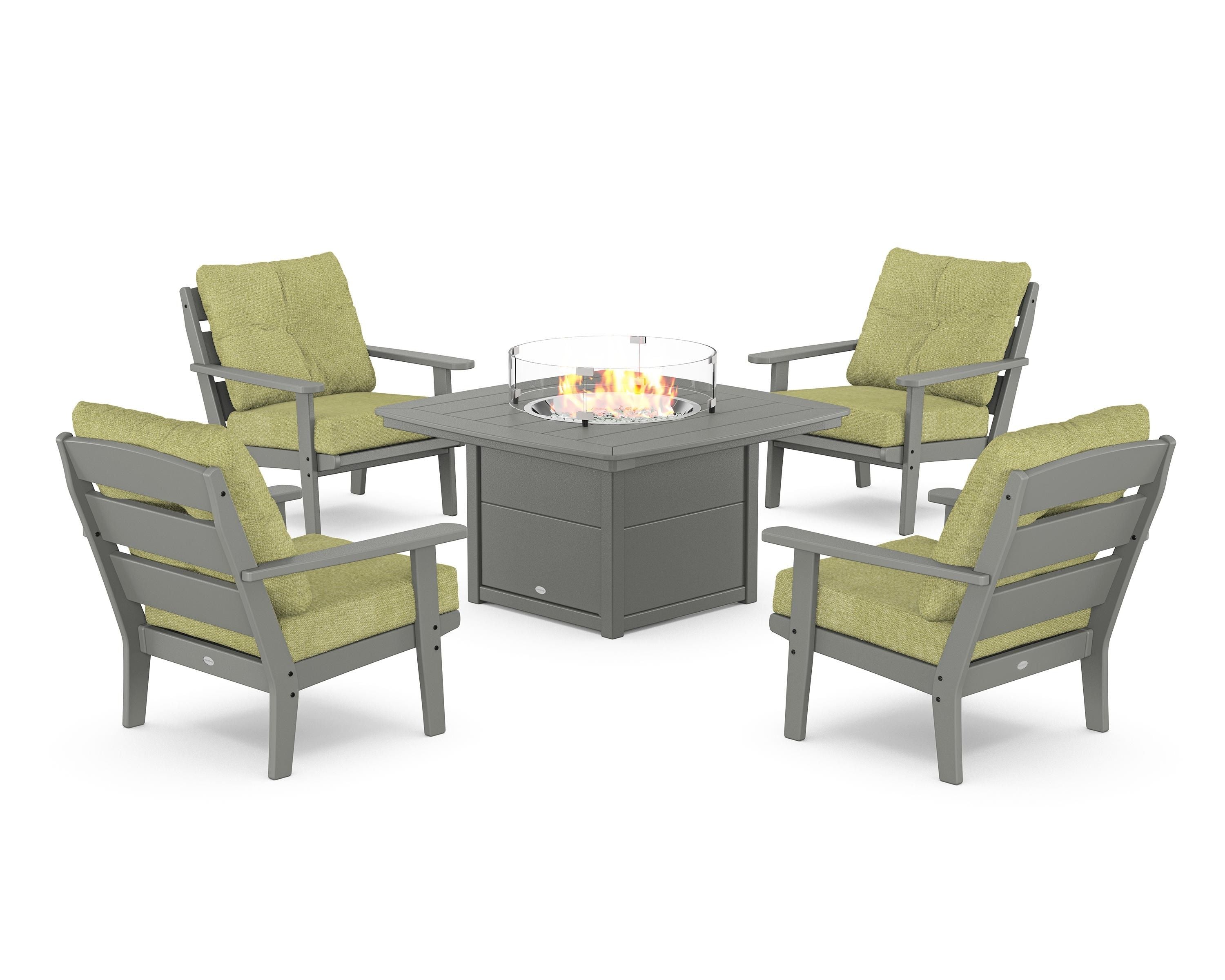 POLYWOOD® Lakeside 5-Piece Deep Seating Set with Nautical Fire Pit Table in Slate Grey / Chartreuse Boucle
