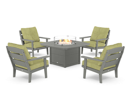 POLYWOOD® Lakeside 5-Piece Deep Seating Set with Nautical Fire Pit Table in Slate Grey / Chartreuse Boucle