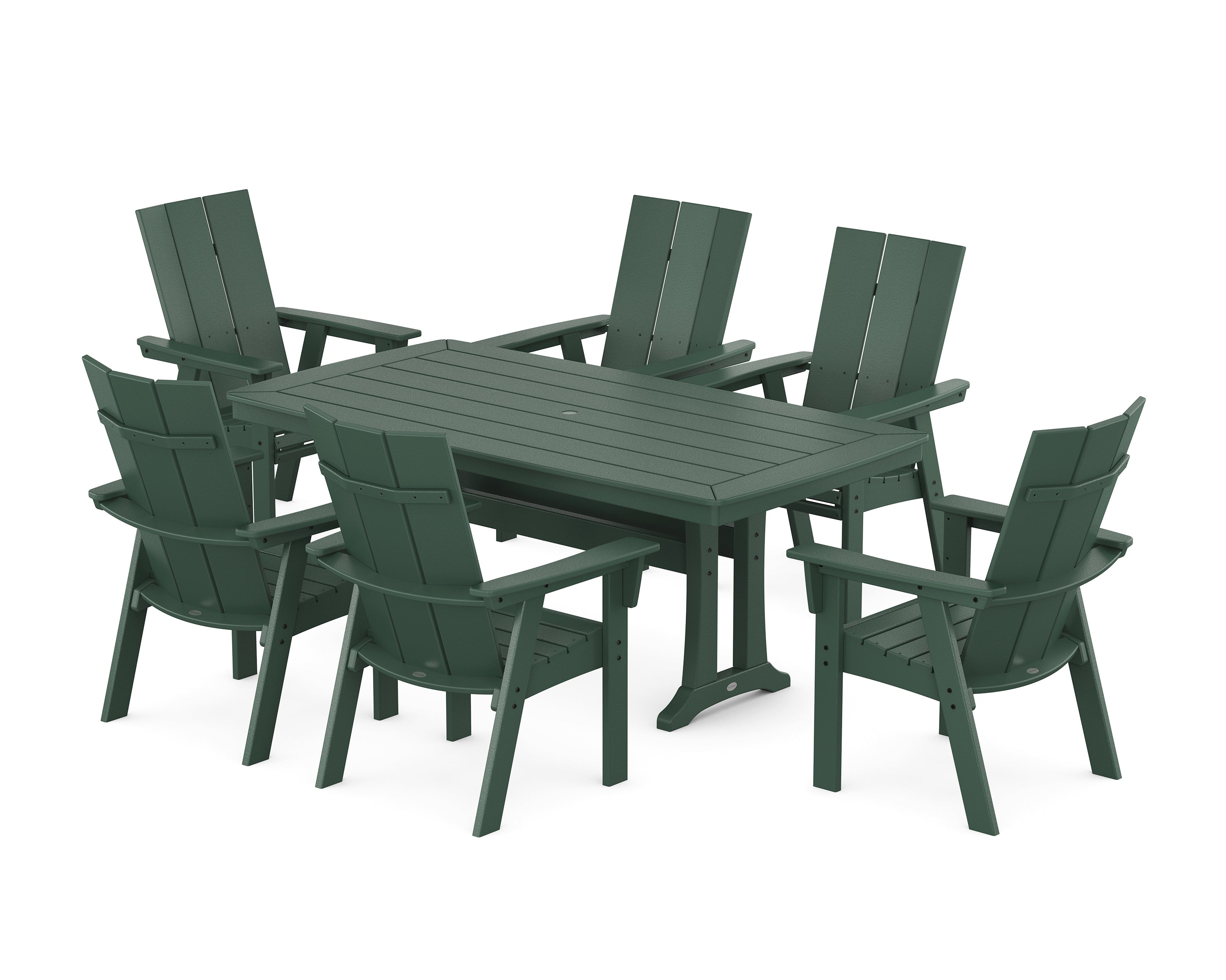 POLYWOOD® Modern Curveback Adirondack 7-Piece Dining Set with Trestle Legs in Green
