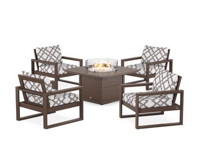 POLYWOOD® EDGE Sectional 5-Piece Deep Seating Set with Fire Pit Table in Mahogany / Trellis Grey Mist