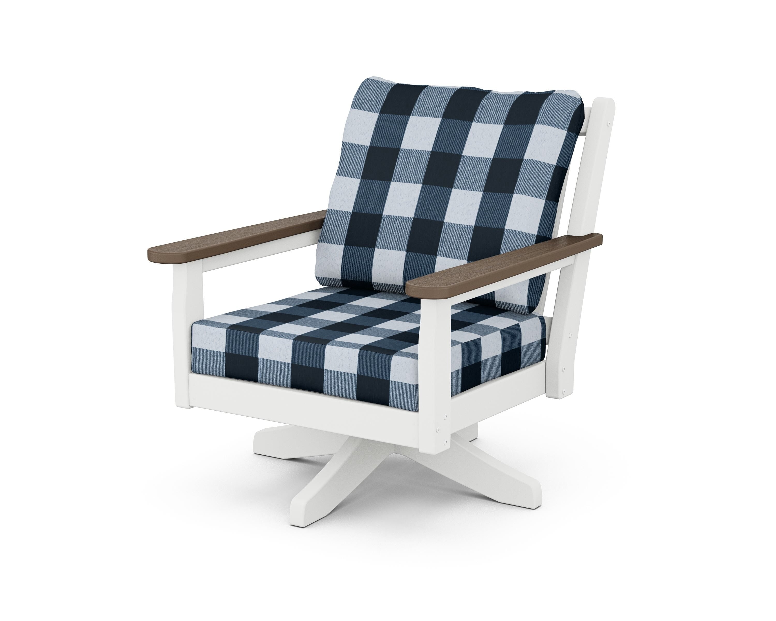 POLYWOOD® Chippendale Deep Seating Swivel Chair in White / Kona / Buffalo Plaid Marine Indigo