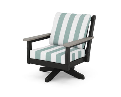 POLYWOOD® Chippendale Deep Seating Swivel Chair in Black / Driftwood / Cabana Stripe Glacier Spa
