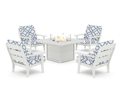 POLYWOOD® Lakeside 5-Piece Deep Seating Set with Nautical Fire Pit Table in White / Trellis Sky Blue