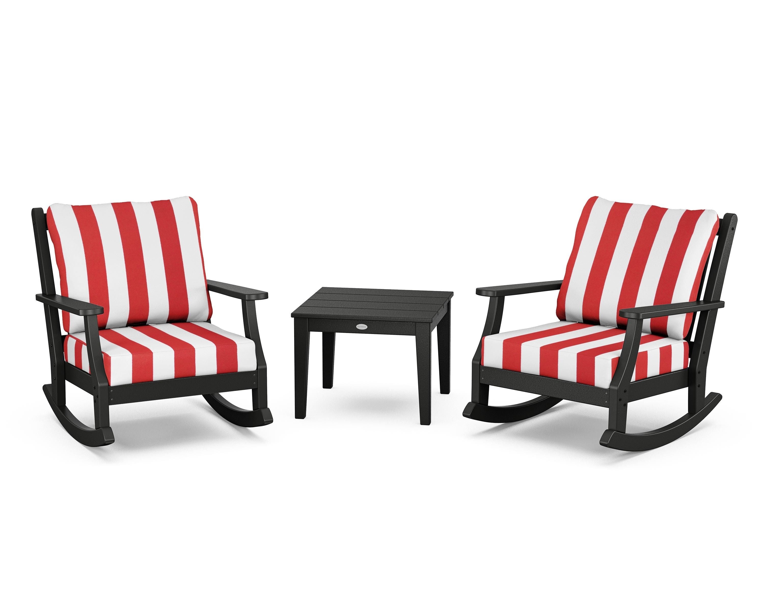 Country Living Wovendale 3-Piece Deep Seating Rocker Set in Black / Cabana Stripe Crimson