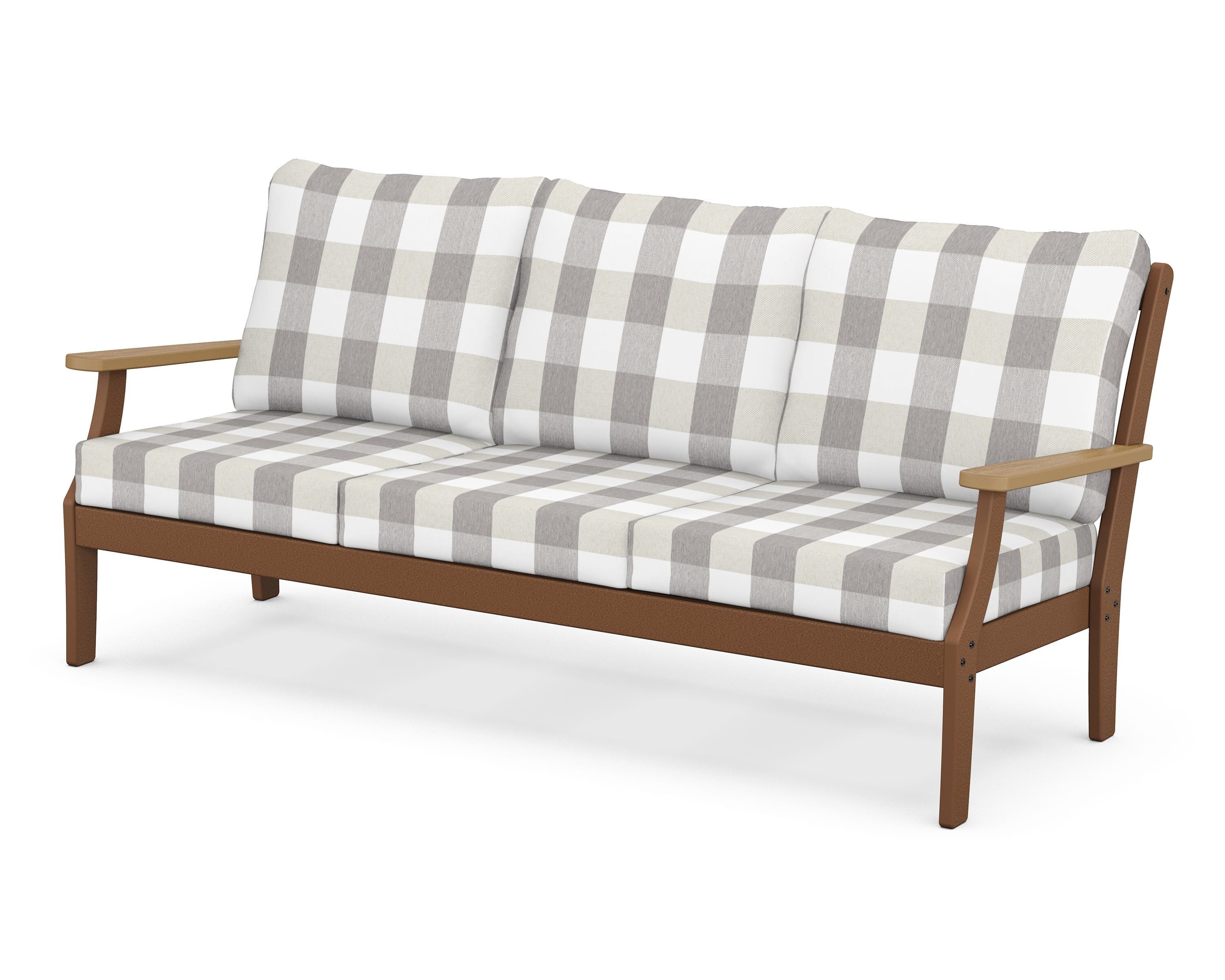 POLYWOOD® Braxton Deep Seating Sofa in Teak / Natural / Buffalo Plaid Grey Mist