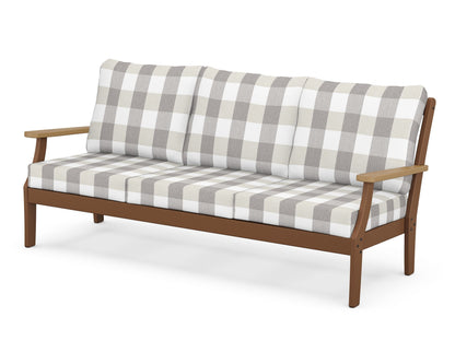 POLYWOOD® Braxton Deep Seating Sofa in Teak / Natural / Buffalo Plaid Grey Mist