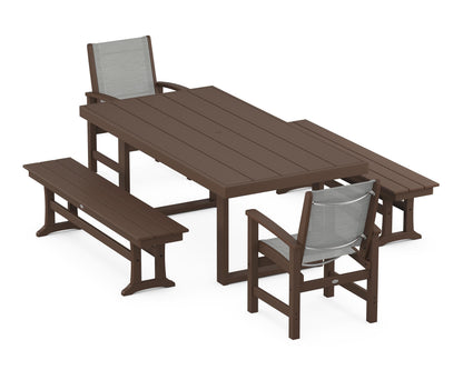 POLYWOOD® Coastal 5-Piece Dining Set with Trestle Legs in Mahogany / Metallic Sling