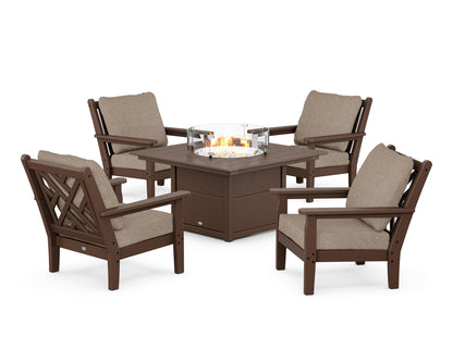 POLYWOOD® Chippendale 5-Piece Deep Seating Set with Fire Pit Table in Mahogany / Spiced Burlap