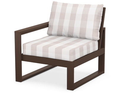POLYWOOD® EDGE Modular Left Arm Chair in Mahogany / Buffalo Plaid Dune Burlap