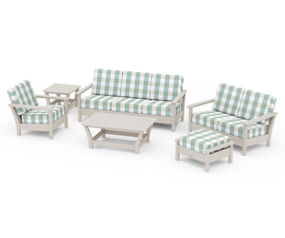 POLYWOOD® Harbour 6-Piece Outdoor Living Set in Sand / Buffalo Plaid Glacier Spa