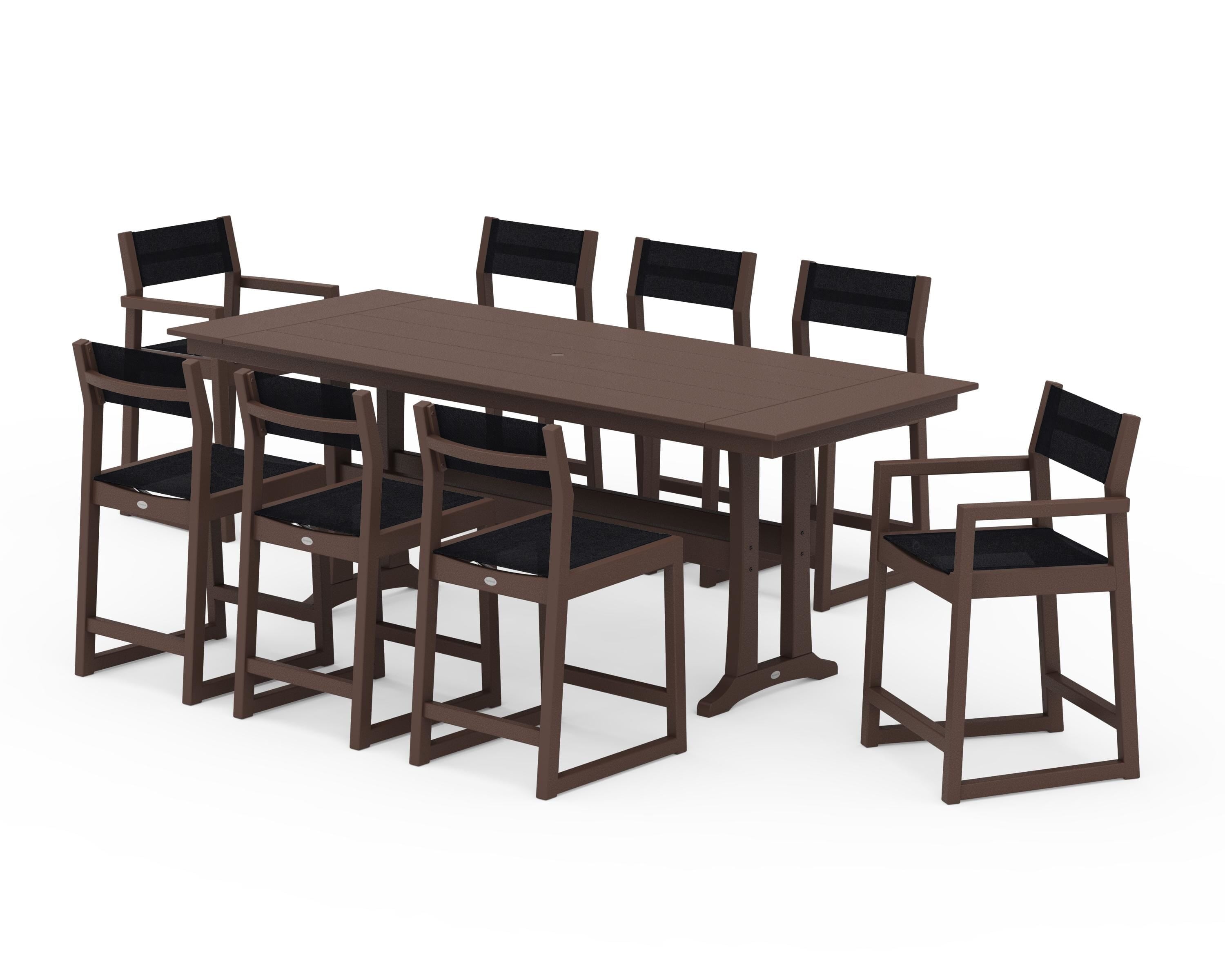 POLYWOOD® EDGE Sling 9-Piece Farmhouse Counter Set with Trestle Legs in Mahogany / Black Sling