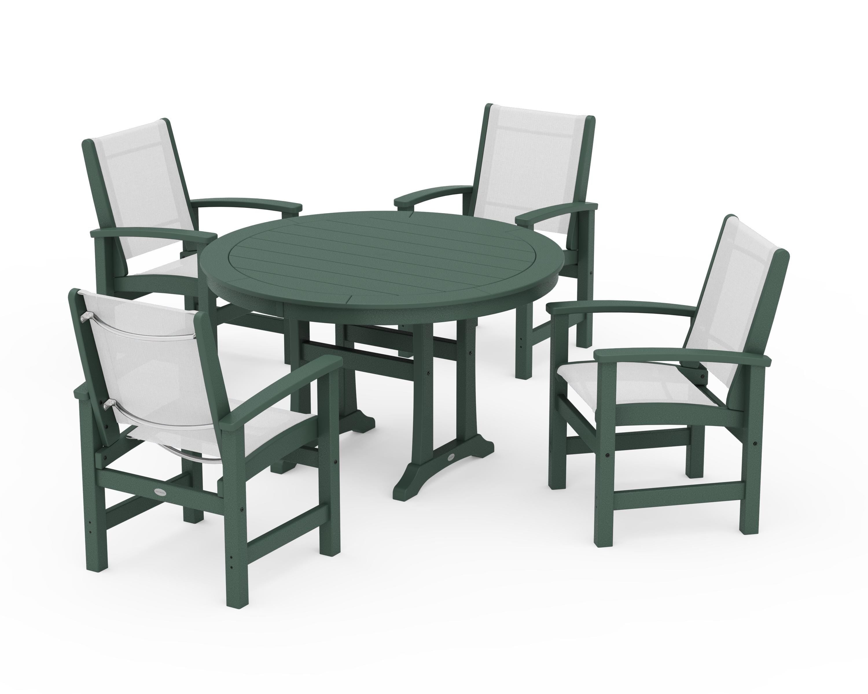 POLYWOOD® Coastal 5-Piece Round Dining Set with Trestle Legs in Green / White Sling