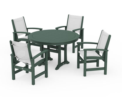 POLYWOOD® Coastal 5-Piece Round Dining Set with Trestle Legs in Green / White Sling