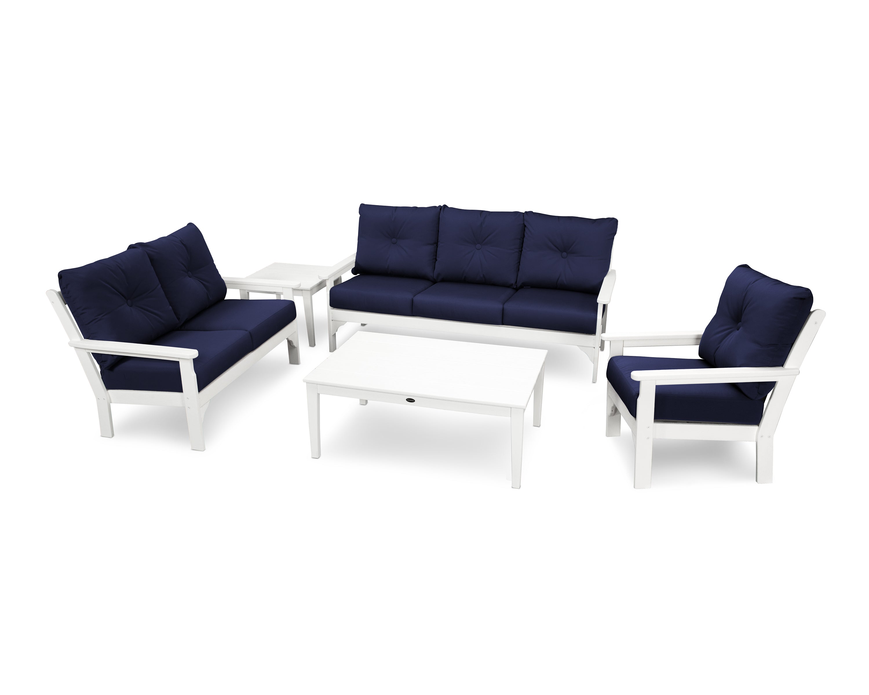 POLYWOOD® Vineyard 5 Piece Deep Seating Set in White / Navy