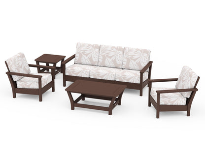 POLYWOOD® Harbour 5-Piece Deep Seating Set in Mahogany / Leaf Dune Burlap