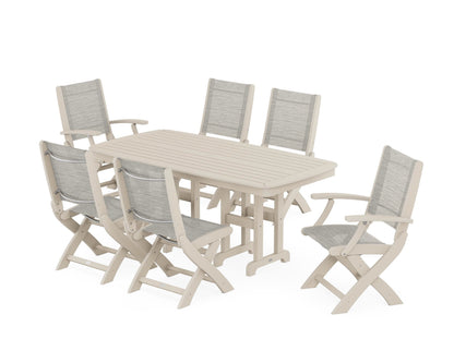 POLYWOOD® Coastal Folding Chair 7-Piece Dining Set in Sand / Birch Sling