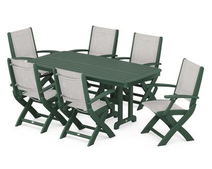 POLYWOOD® Coastal Folding Arm Chair 7-Piece Dining Set in Green / Parchment Sling