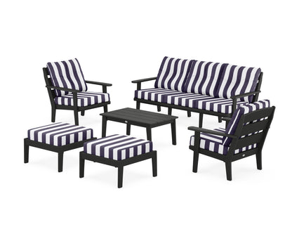 POLYWOOD® Lakeside 6-Piece Lounge Sofa Set in Black / Cabana Stripe Navy