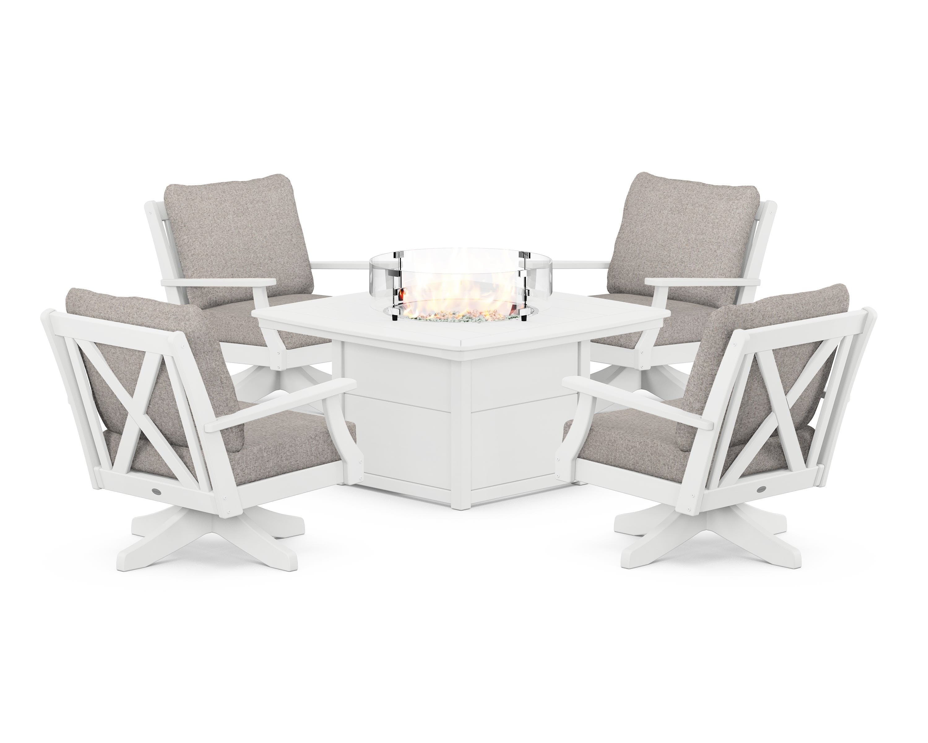 POLYWOOD® Braxton 5-Piece Deep Seating Swivel Conversation Set with Fire Pit Table in White / Weathered Tweed