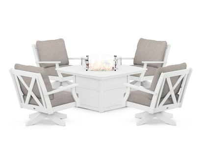 POLYWOOD® Braxton 5-Piece Deep Seating Swivel Conversation Set with Fire Pit Table in White / Weathered Tweed