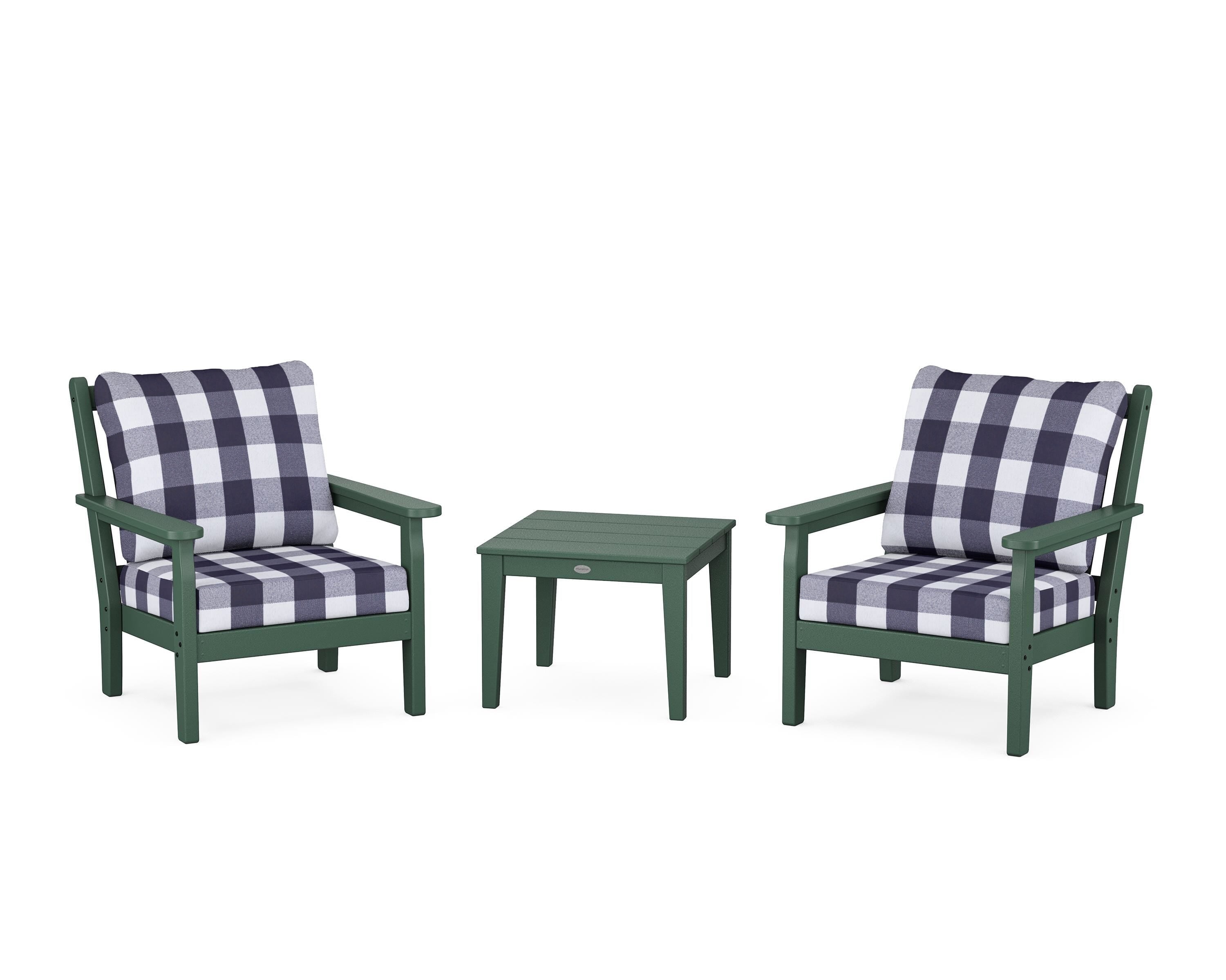 POLYWOOD® Chippendale 3-Piece Deep Seating Set in Green / Buffalo Plaid Navy