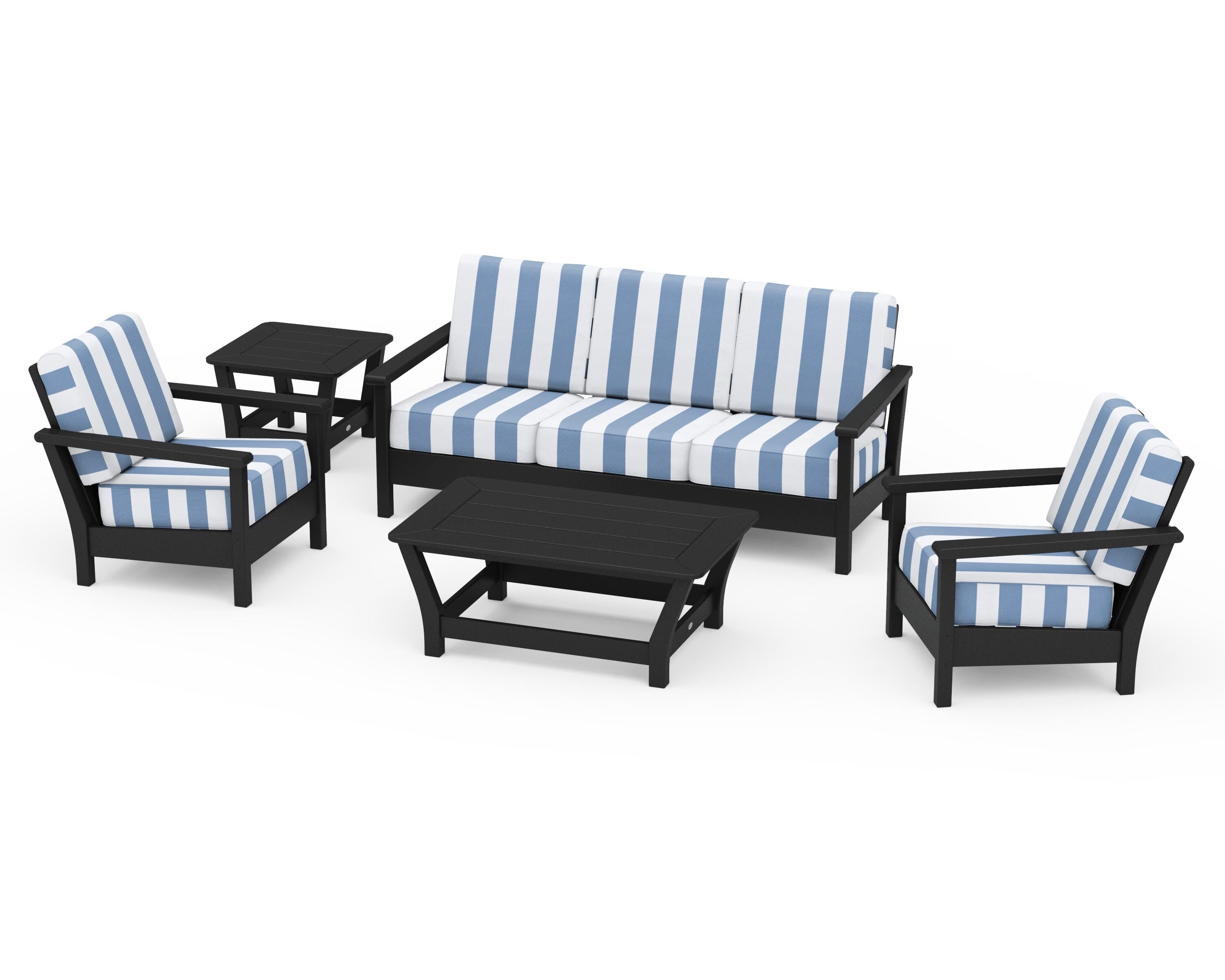 POLYWOOD® Harbour 5-Piece Deep Seating Set in Black / Cabana Stripe Sky Blue