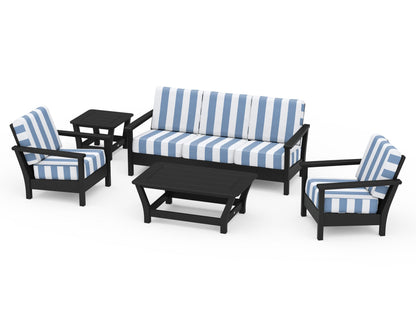 POLYWOOD® Harbour 5-Piece Deep Seating Set in Black / Cabana Stripe Sky Blue