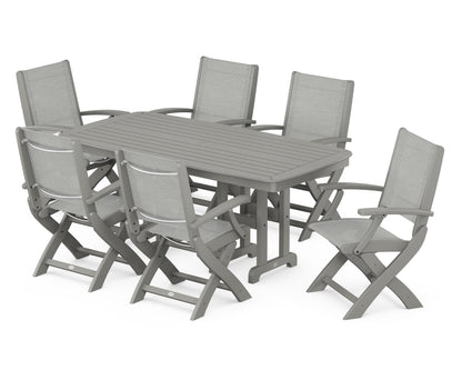 POLYWOOD® Coastal Folding Arm Chair 7-Piece Dining Set in Slate Grey / Metallic Sling