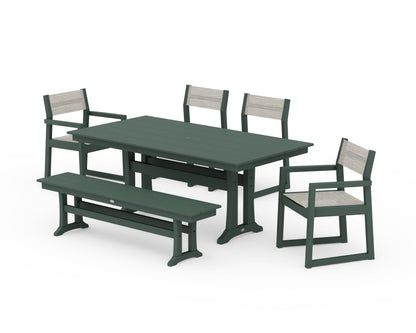 POLYWOOD® EDGE Sling 6-Piece Farmhouse Dining Set With Trestle Legs in Green / Birch Sling
