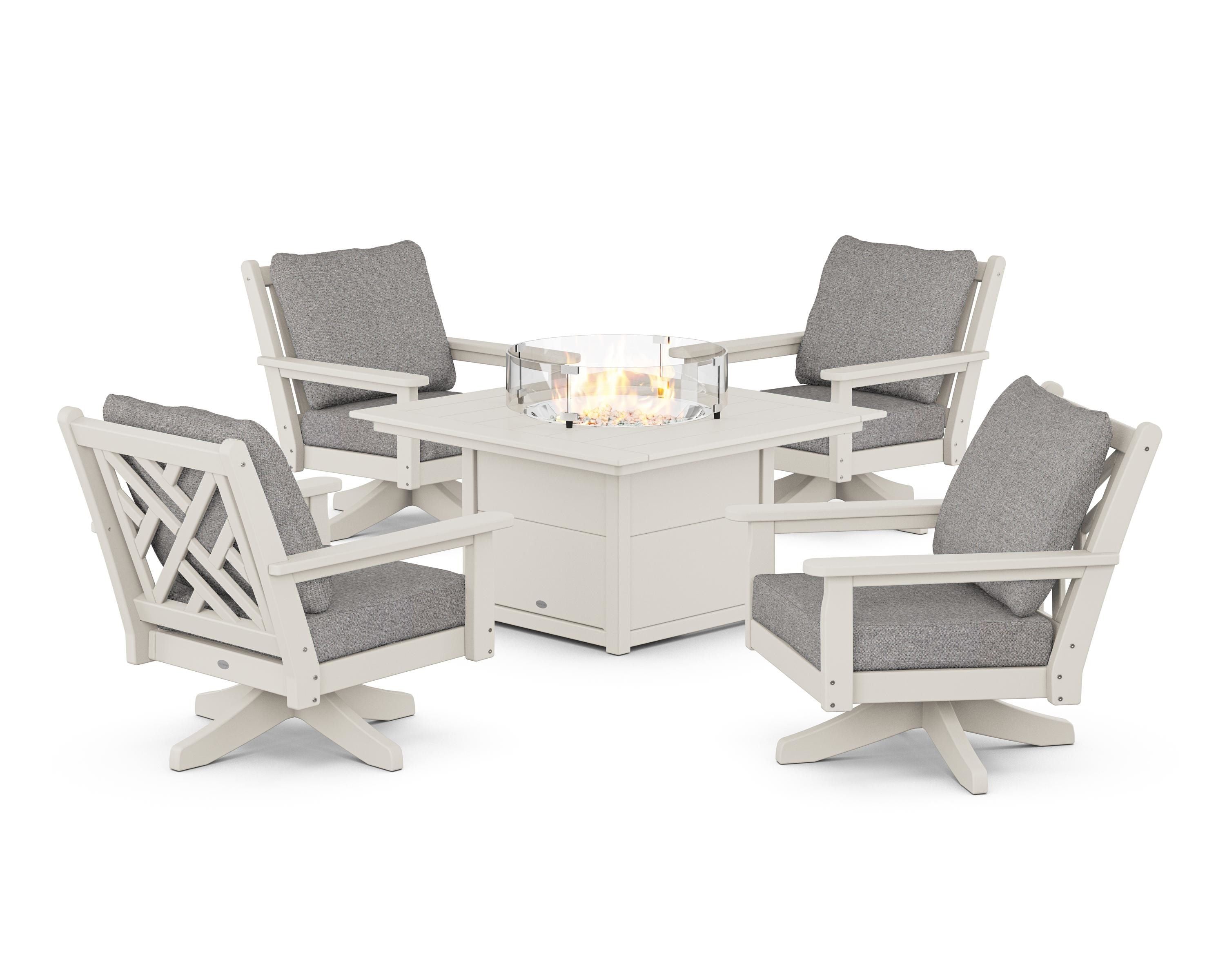 POLYWOOD® Chippendale 5-Piece Deep Seating Swivel Conversation Set with Fire Pit Table in Sand / Grey Mist