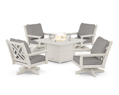 POLYWOOD® Chippendale 5-Piece Deep Seating Swivel Conversation Set with Fire Pit Table in Sand / Grey Mist