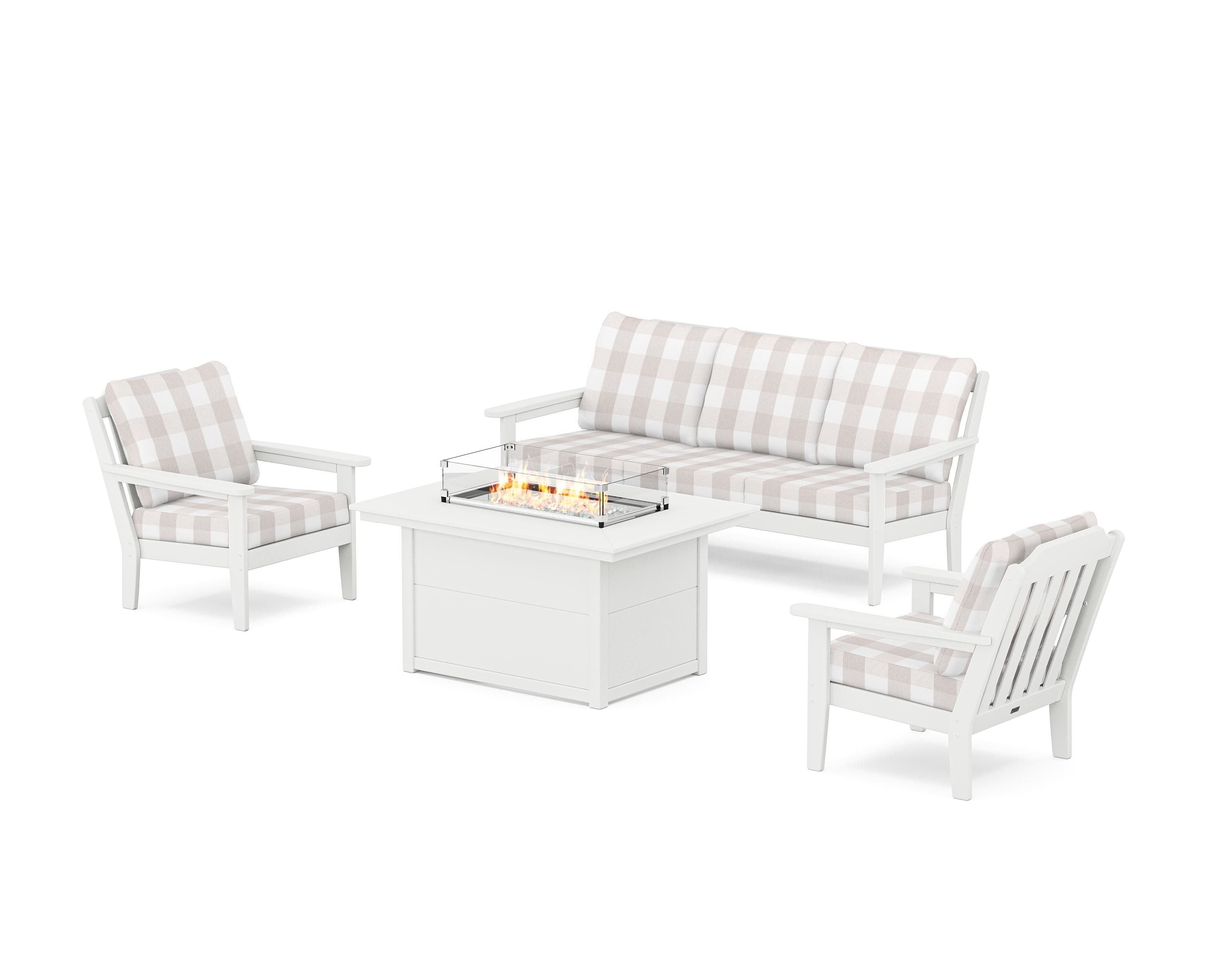 Country Living Cottage Deep Seating Fire Pit Table Set in White / Buffalo Plaid Dune Burlap