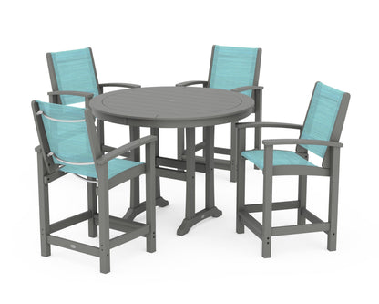 POLYWOOD® Coastal 5-Piece Counter Set in Slate Grey / Dupioni Aquamarine Sling