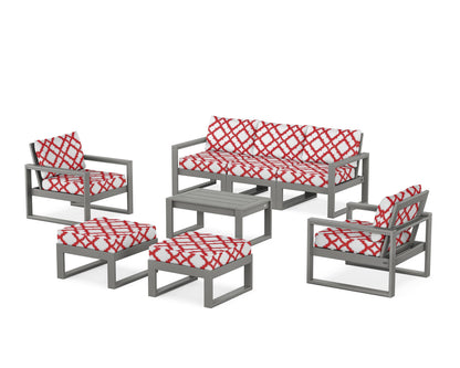 POLYWOOD® EDGE Sectional 8-Piece Lounge Sofa Set in Slate Grey / Trellis Crimson