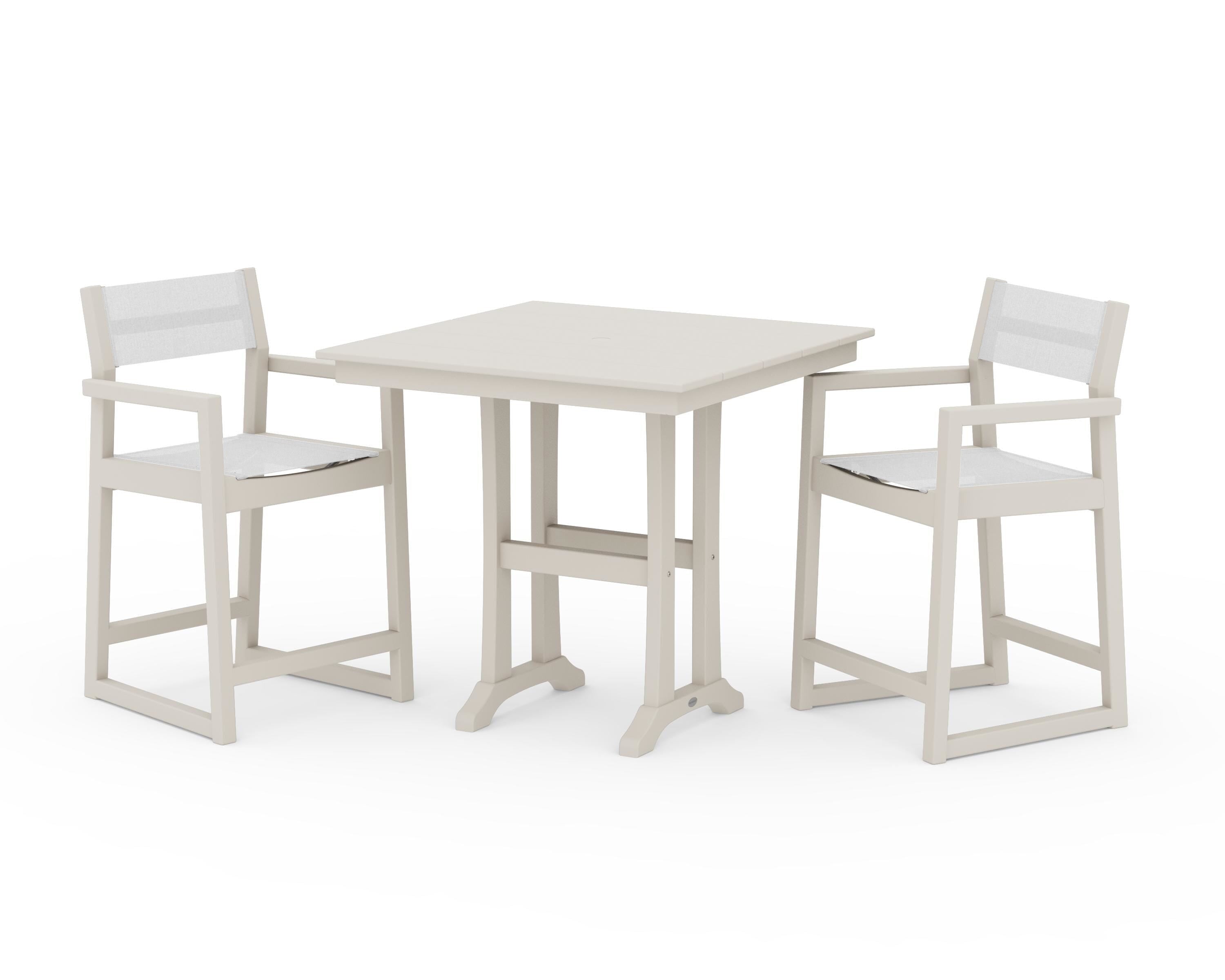 POLYWOOD® EDGE Sling Arm Chair 3-Piece Farmhouse Counter Set with Trestle Legs in Sand / White Sling